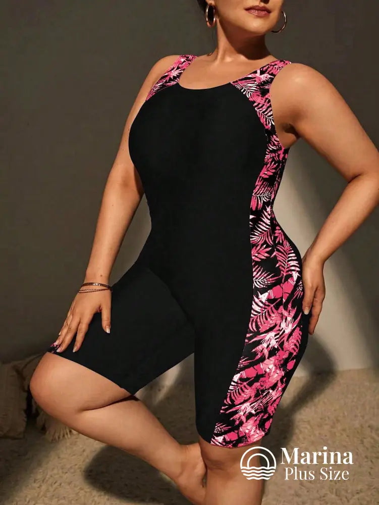 Maiô Esportivo Estampado Shorts Embutido Painéis Laterais Plus Size Maiô Esportivo Estampado Shorts Embutido Painéis