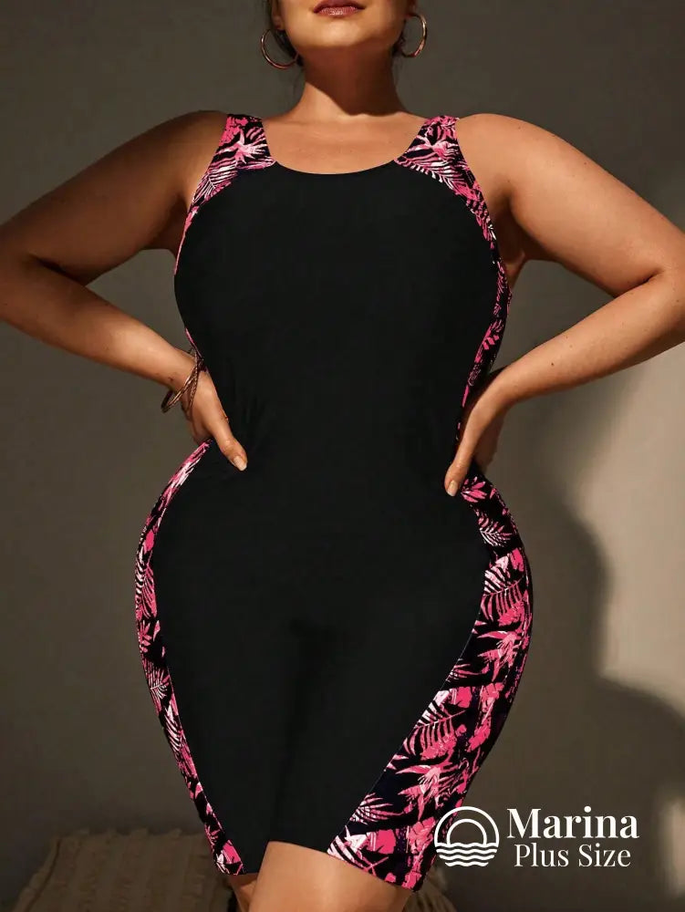 Maiô Esportivo Estampado Shorts Embutido Painéis Laterais Plus Size Maiô Esportivo Estampado Shorts Embutido Painéis