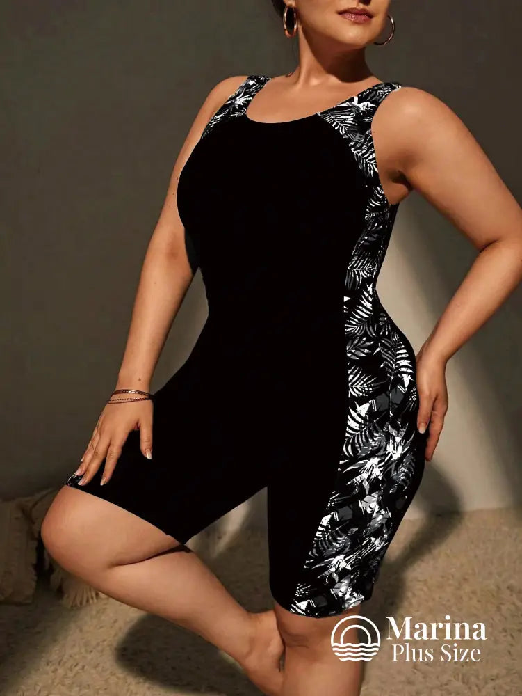 Maiô Esportivo Estampado Shorts Embutido Painéis Laterais Plus Size Preto / G Maiô Esportivo Estampado Shorts Embutido