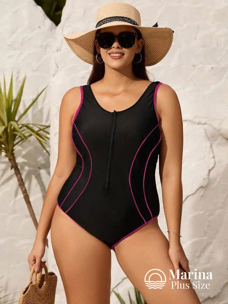 Maiô Esportivo Zíper Frontal Recortes Laterais Plus Size Maiô Esportivo Zíper Frontal Recortes Laterais Plus Size