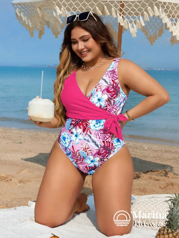 Maiô Floral Transpassado Amarração Lateral Plus Size Rosa Choque / G Maiô Floral Transpassado Amarração Lateral Plus