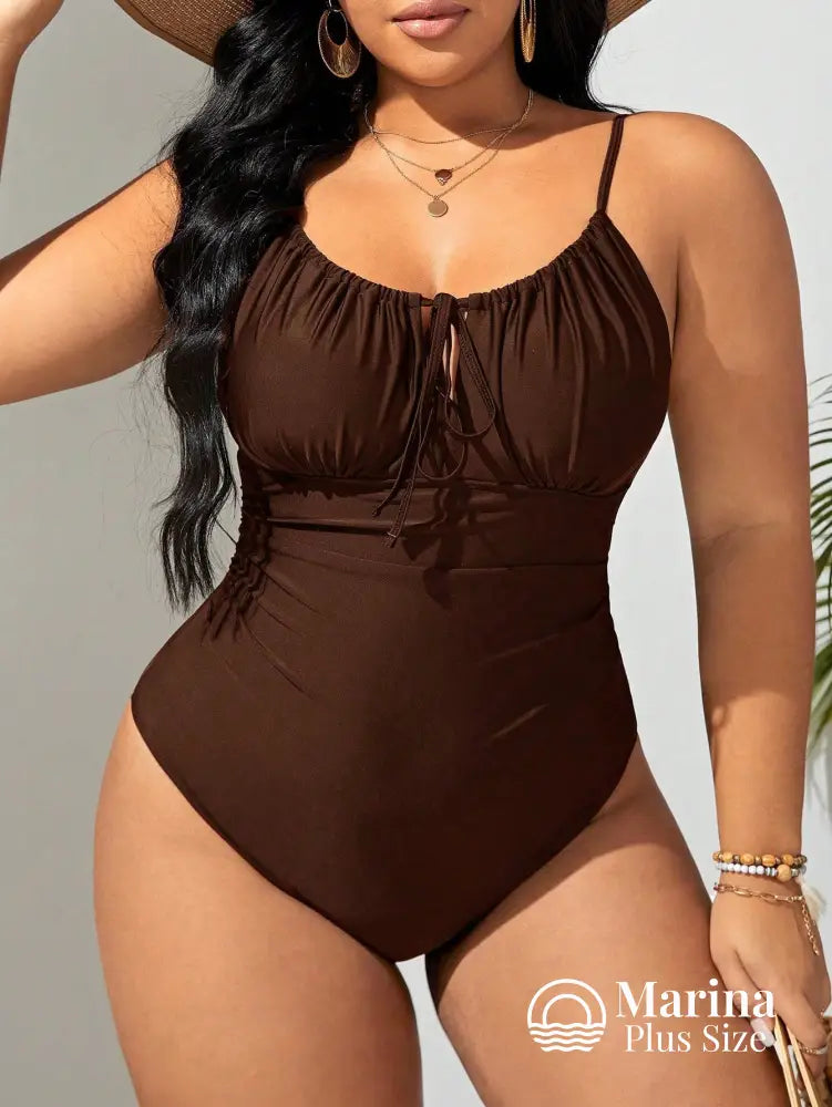 Maiô Franzido Amarração Frontal Efeito Modelador Plus Size Castanho / G Maiô Franzido Amarração Frontal Efeito