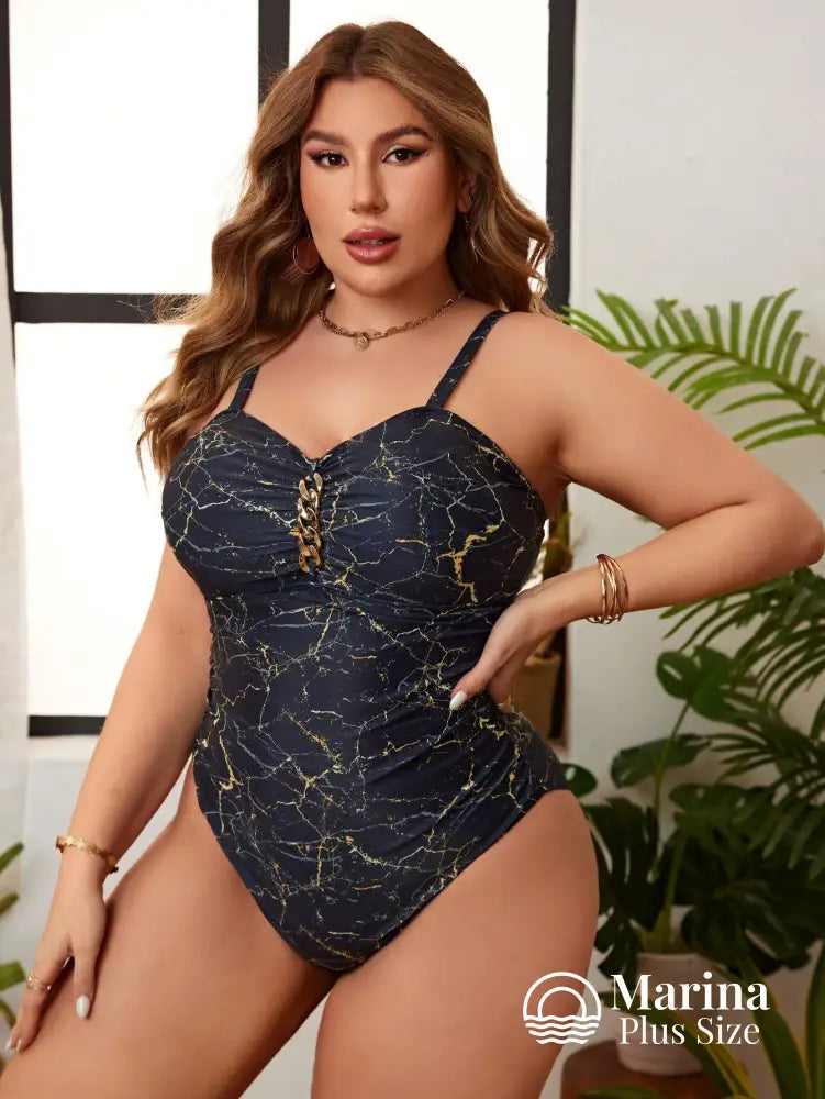 Maiô Marmorizado Corrente Frontal Efeito Modelador Plus Size Maiô Marmorizado Corrente Frontal Efeito Modelador Plus