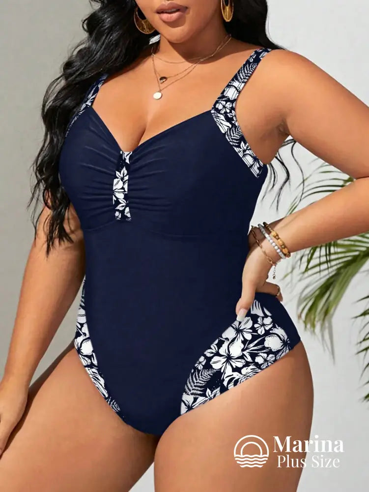 Maiô Modelador Recortes Florais Decote Drapeado Plus Size Maiô Modelador Recortes Florais Decote Drapeado Plus Size