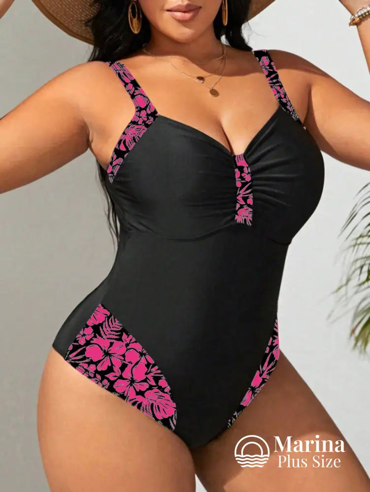 Maiô Modelador Recortes Florais Decote Drapeado Plus Size Maiô Modelador Recortes Florais Decote Drapeado Plus Size