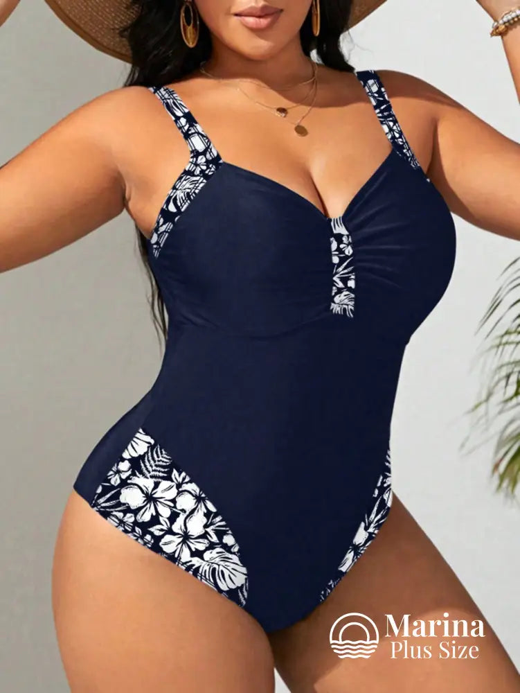 Maiô Modelador Recortes Florais Decote Drapeado Plus Size Maiô Modelador Recortes Florais Decote Drapeado Plus Size