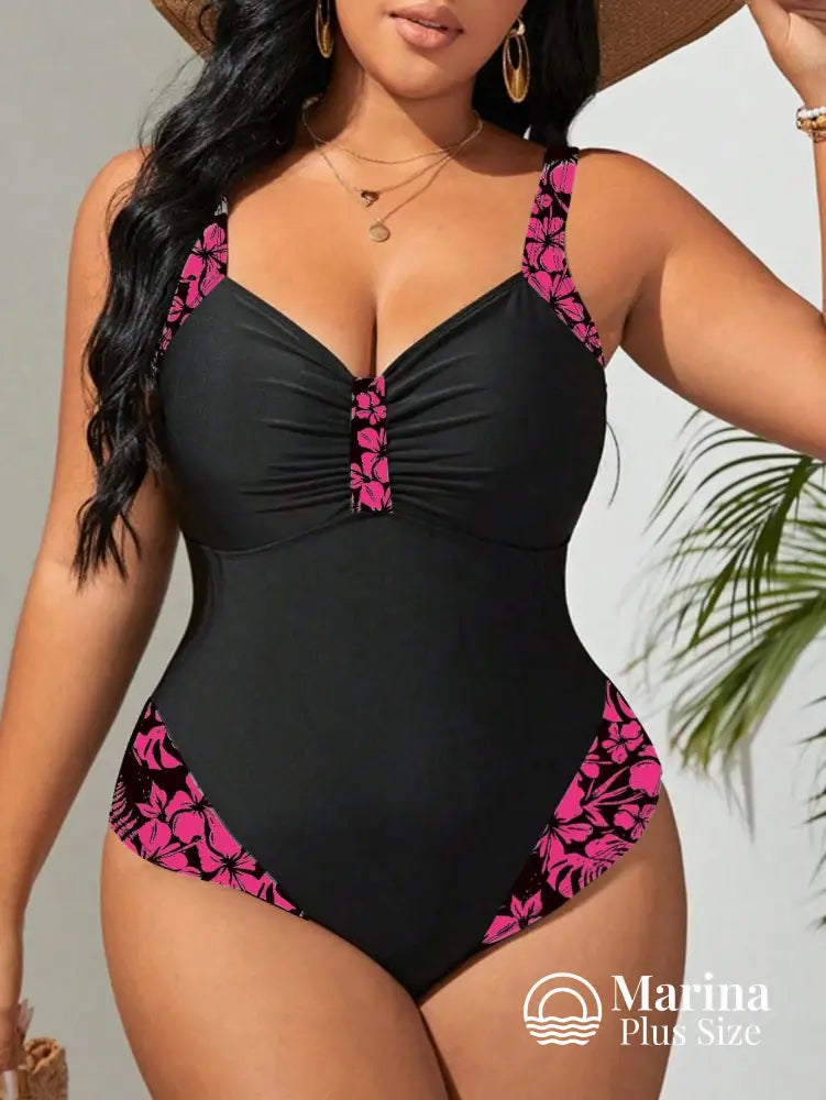 Maiô Modelador Recortes Florais Decote Drapeado Plus Size Preto / G Maiô Modelador Recortes Florais Decote Drapeado