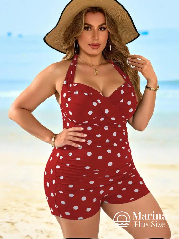 Maiô Retrô Poá Shorts Embutido Decote Transpassado Plus Size Maiô Retrô Poá Shorts Embutido Decote Transpassado Plus