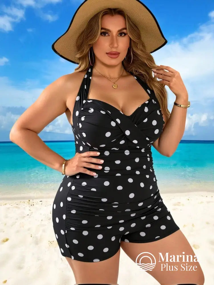 Maiô Retrô Poá Shorts Embutido Decote Transpassado Plus Size Maiô Retrô Poá Shorts Embutido Decote Transpassado Plus