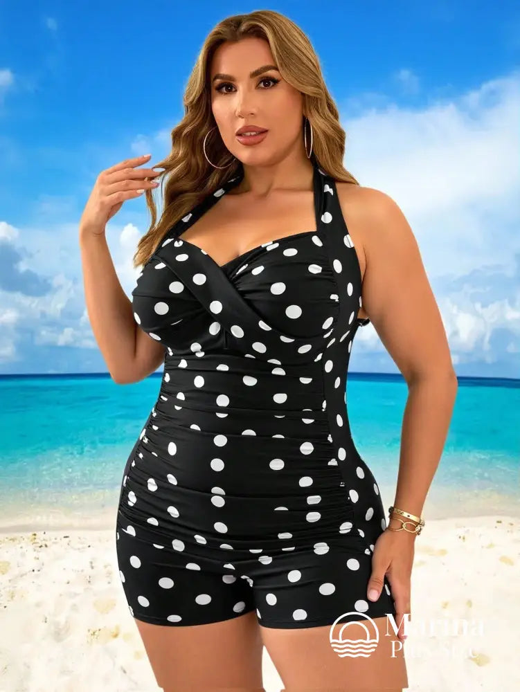 Maiô Retrô Poá Shorts Embutido Decote Transpassado Plus Size Maiô Retrô Poá Shorts Embutido Decote Transpassado Plus