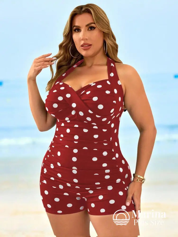 Maiô Retrô Poá Shorts Embutido Decote Transpassado Plus Size Maiô Retrô Poá Shorts Embutido Decote Transpassado Plus