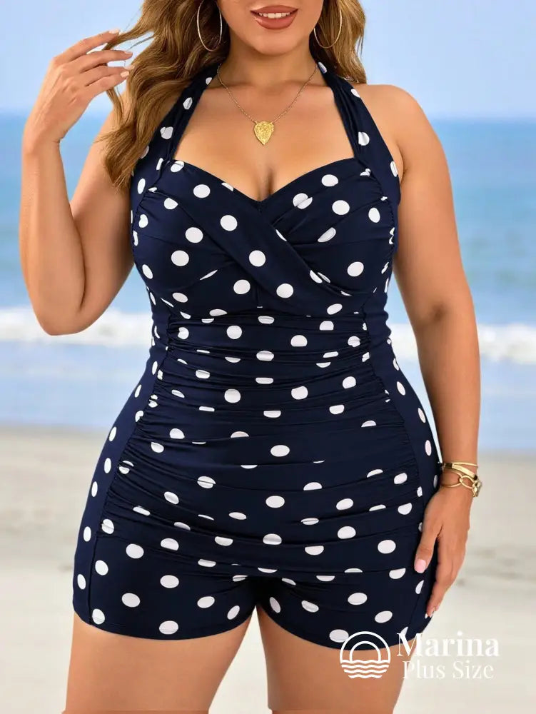 Maiô Retrô Poá Shorts Embutido Decote Transpassado Plus Size Azul-marinho / G Maiô Retrô Poá Shorts Embutido Decote