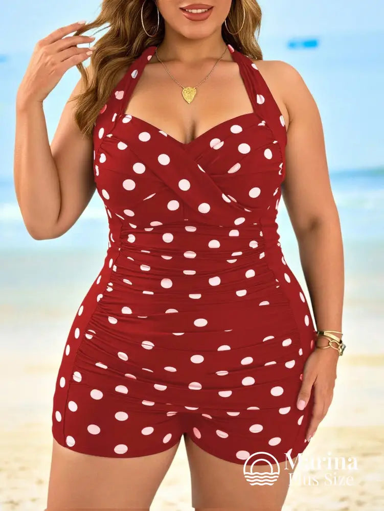 Maiô Retrô Poá Shorts Embutido Decote Transpassado Plus Size Vermelho / G Maiô Retrô Poá Shorts Embutido Decote