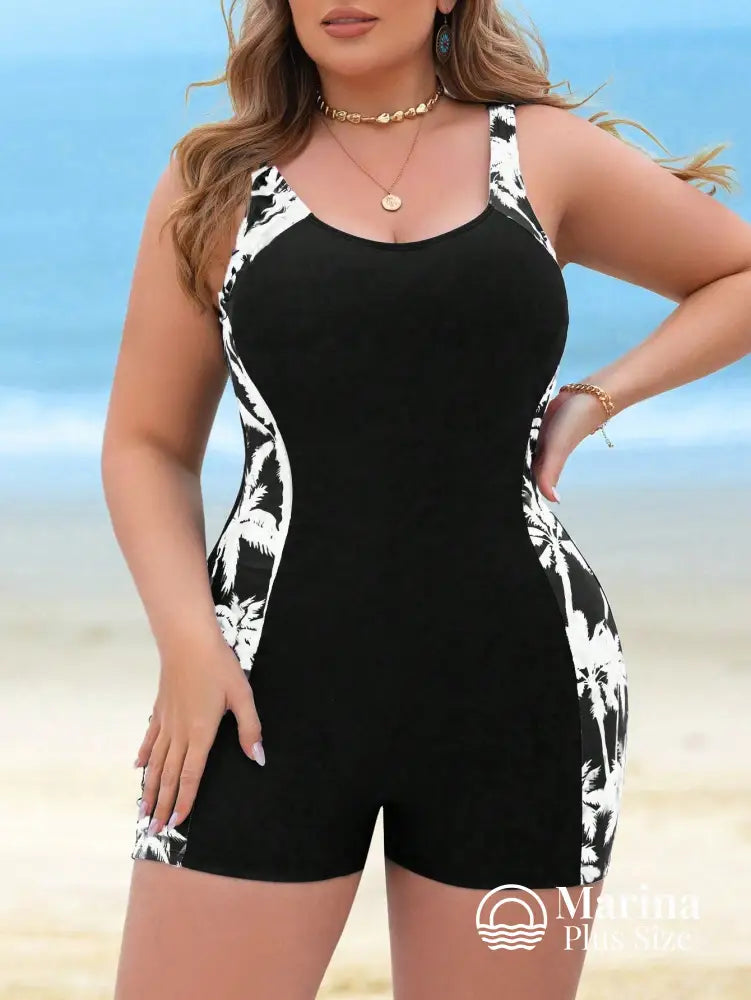 Maiô Short Esportivo Estampa Tropical Efeito Modelador Plus Size Branco / G Maiô Short Esportivo Estampa Tropical