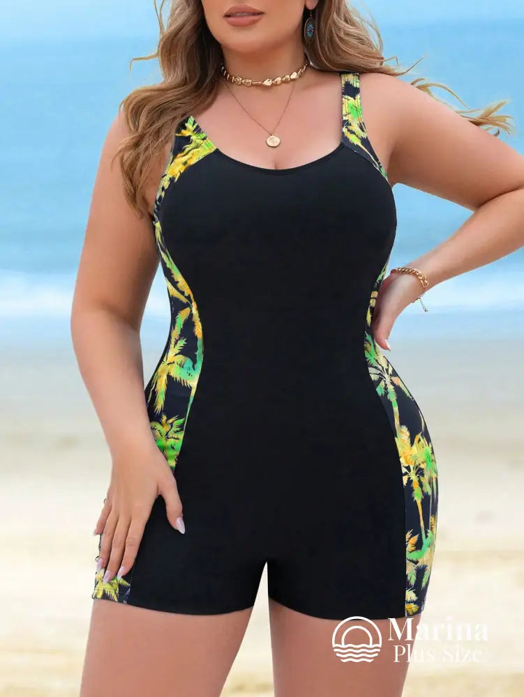 Maiô Short Esportivo Estampa Tropical Efeito Modelador Plus Size Verde Limão / G Maiô Short Esportivo Estampa Tropical