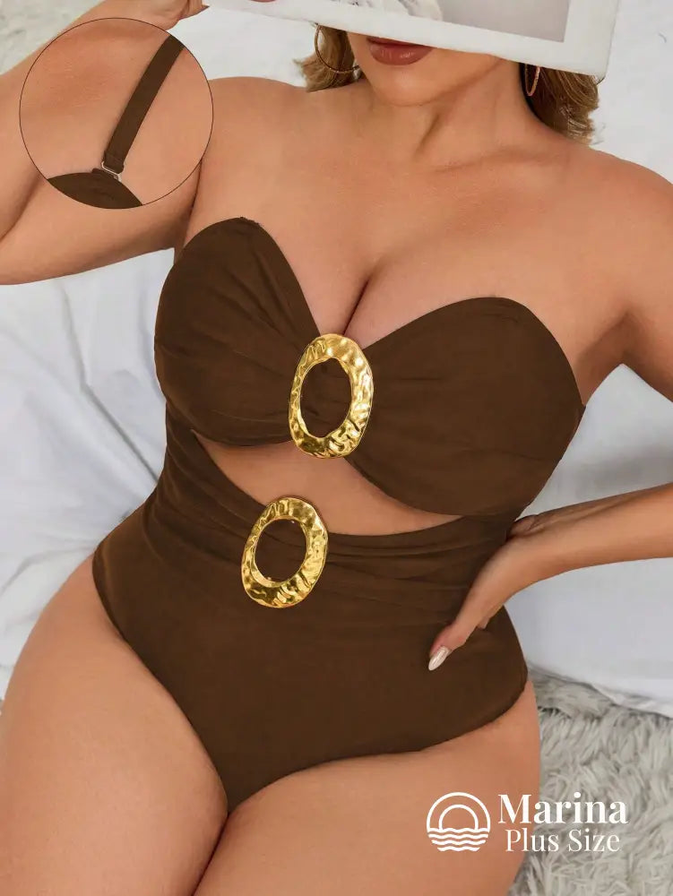 Maiô Tomara Que Caia Recorte Frontal Argolas Metálicas Plus Size Marrom / G Maiô Tomara Que Caia Recorte Frontal