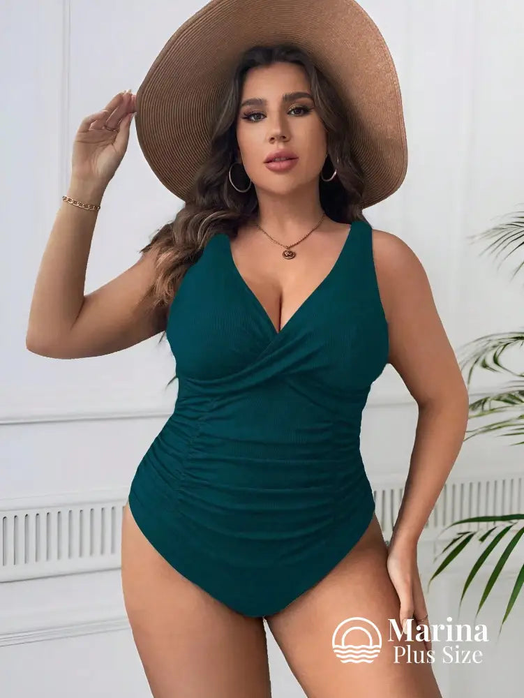 Maiô Transpassado Drapeado Frontal Efeito Modelador Plus Size Azul Petróleo / G Maiô Transpassado Drapeado Frontal