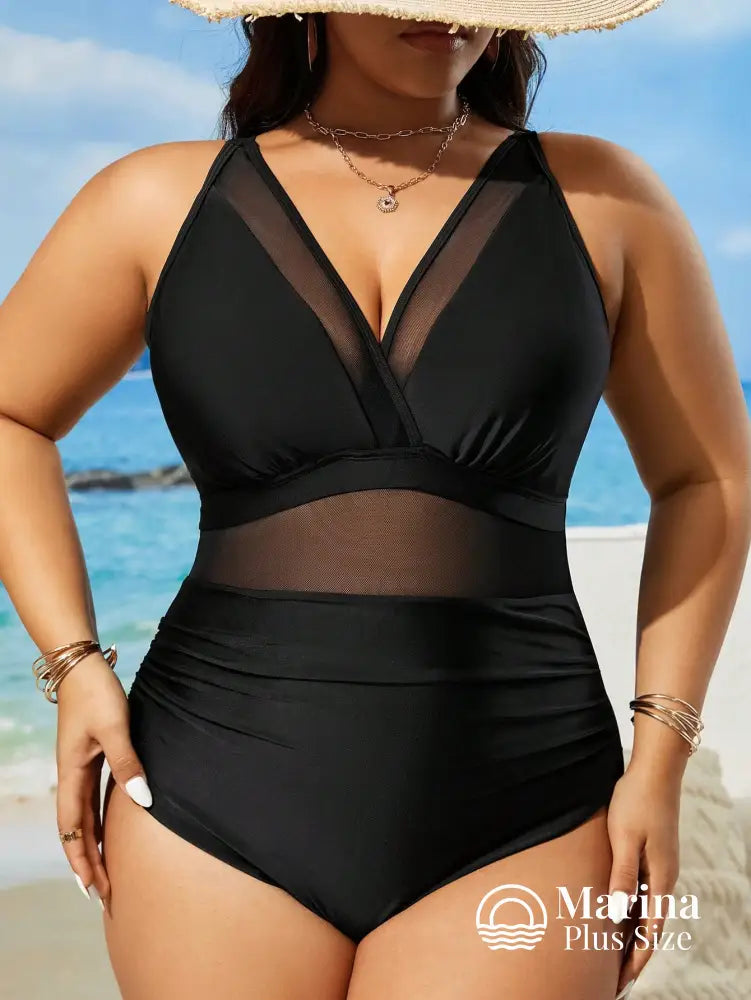 Maiô Tule Translúcido Decote Profundo Plus Size Maiô Tule Translúcido Decote Profundo Plus Size