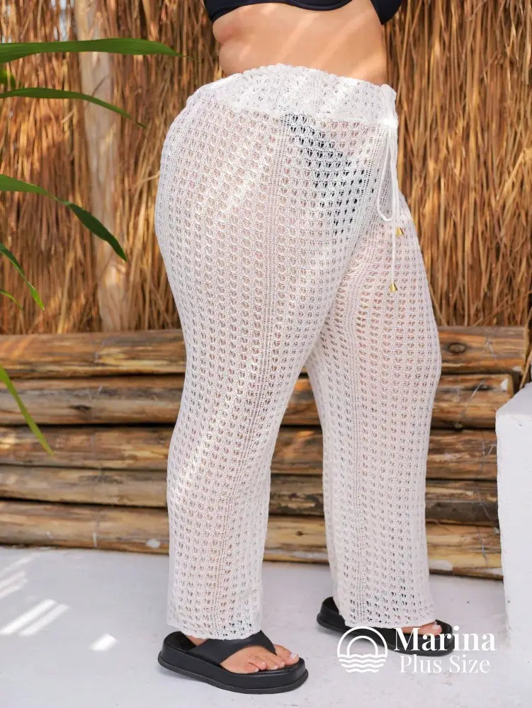 Saída De Praia Calça Crochê Cós Ajustável Plus Size Saída De Praia Calça Crochê Cós Ajustável Plus Size