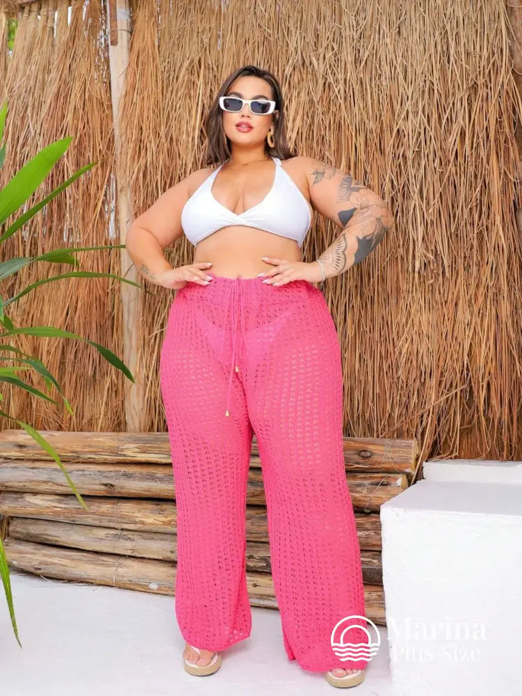 Saída De Praia Calça Crochê Cós Ajustável Plus Size Rosa / G Saída De Praia Calça Crochê Cós Ajustável Plus Size