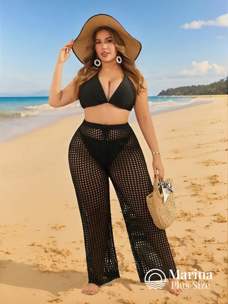 Saída De Praia Calça Crochê Vazada Cós Ajustável Plus Size Saída De Praia Calça Crochê Vazada Cós Ajustável Plus Size