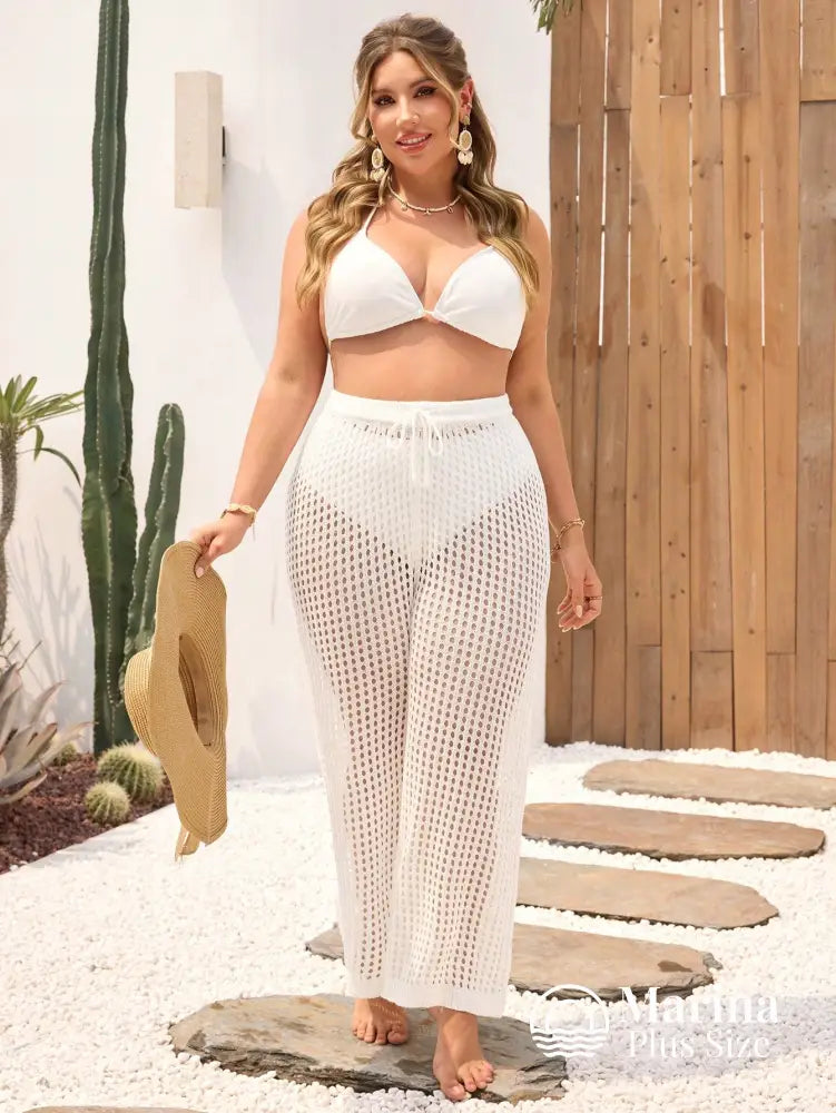 Saída De Praia Calça Crochê Vazada Cós Ajustável Plus Size Saída De Praia Calça Crochê Vazada Cós Ajustável Plus Size