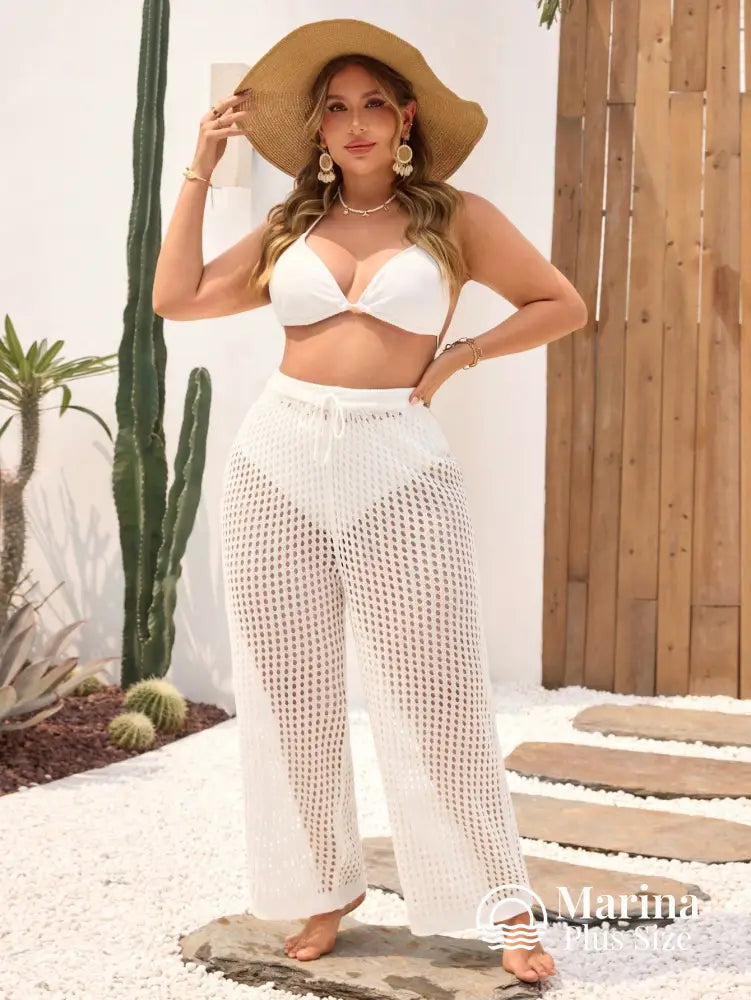 Saída De Praia Calça Crochê Vazada Cós Ajustável Plus Size Branco / G Saída De Praia Calça Crochê Vazada Cós Ajustável