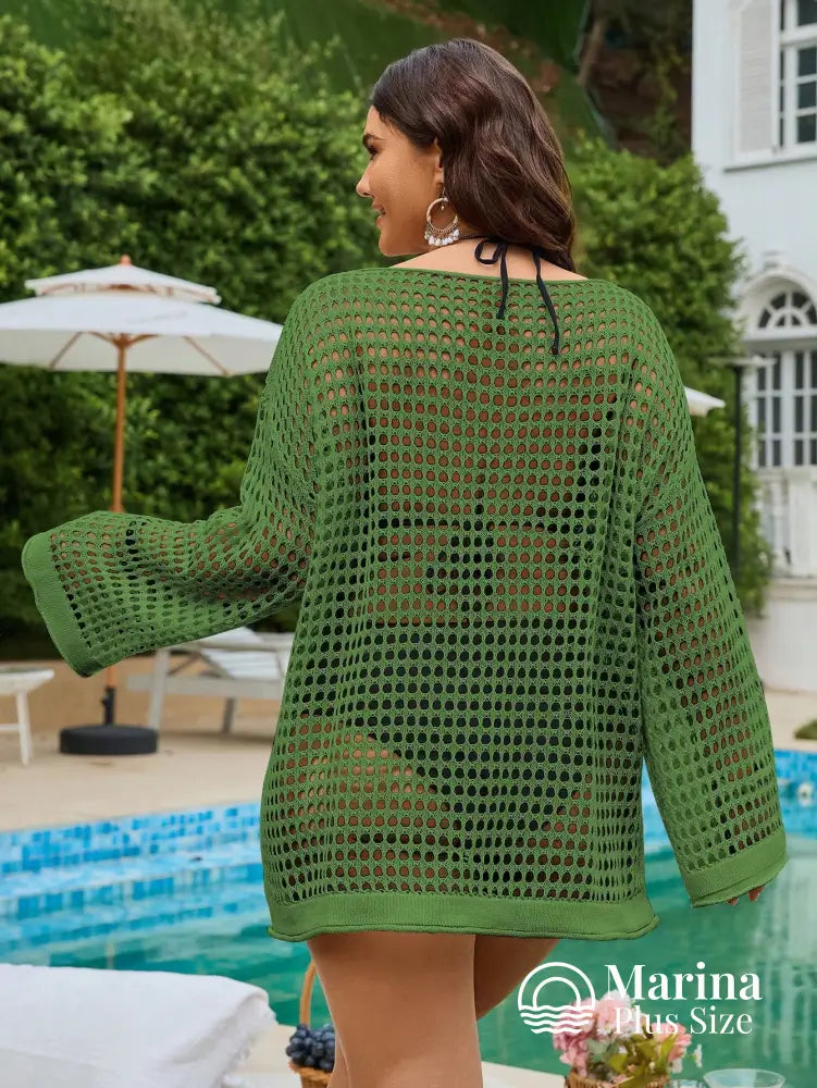 Saída De Praia Crochê Vazada Manga Longa Plus Size Saída De Praia Crochê Vazada Manga Longa Plus Size