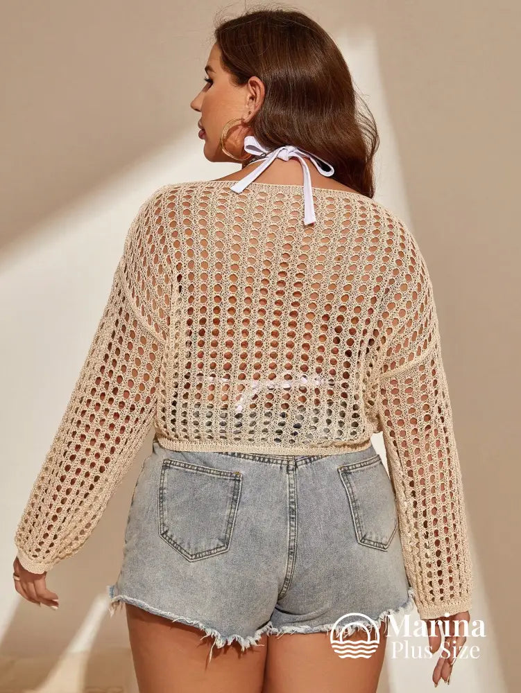 Saída De Praia Cropped Crochê Vazado Manga Longa Plus Size Saída De Praia Cropped Crochê Vazado Manga Longa Plus Size