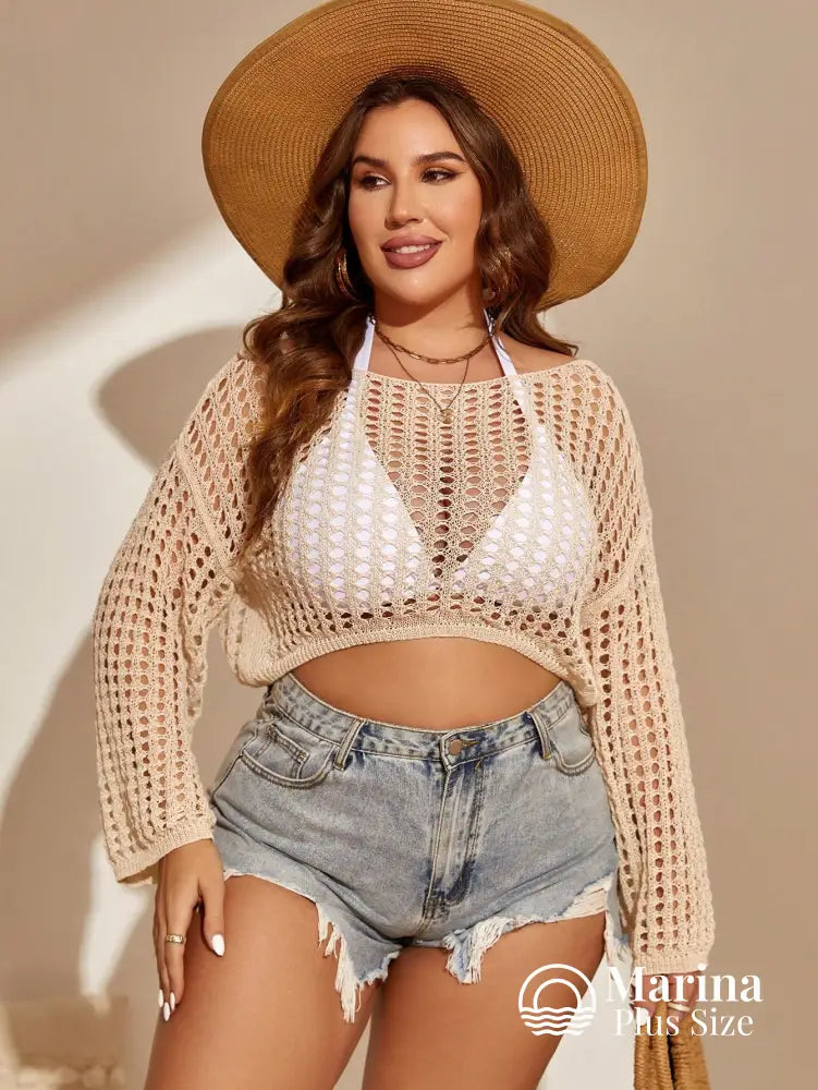 Saída De Praia Cropped Crochê Vazado Manga Longa Plus Size Bege / G Saída De Praia Cropped Crochê Vazado Manga Longa