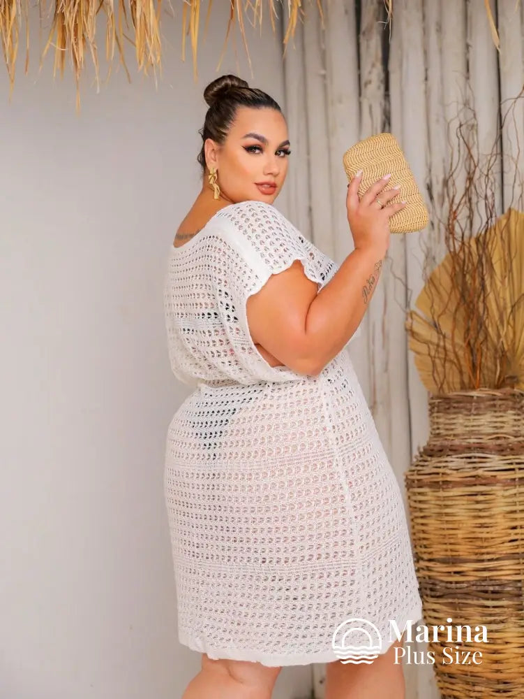 Saída De Praia Curta Crochê Caimento Leve Plus Size Bege / G Saída De Praia Curta Crochê Caimento Leve Plus Size