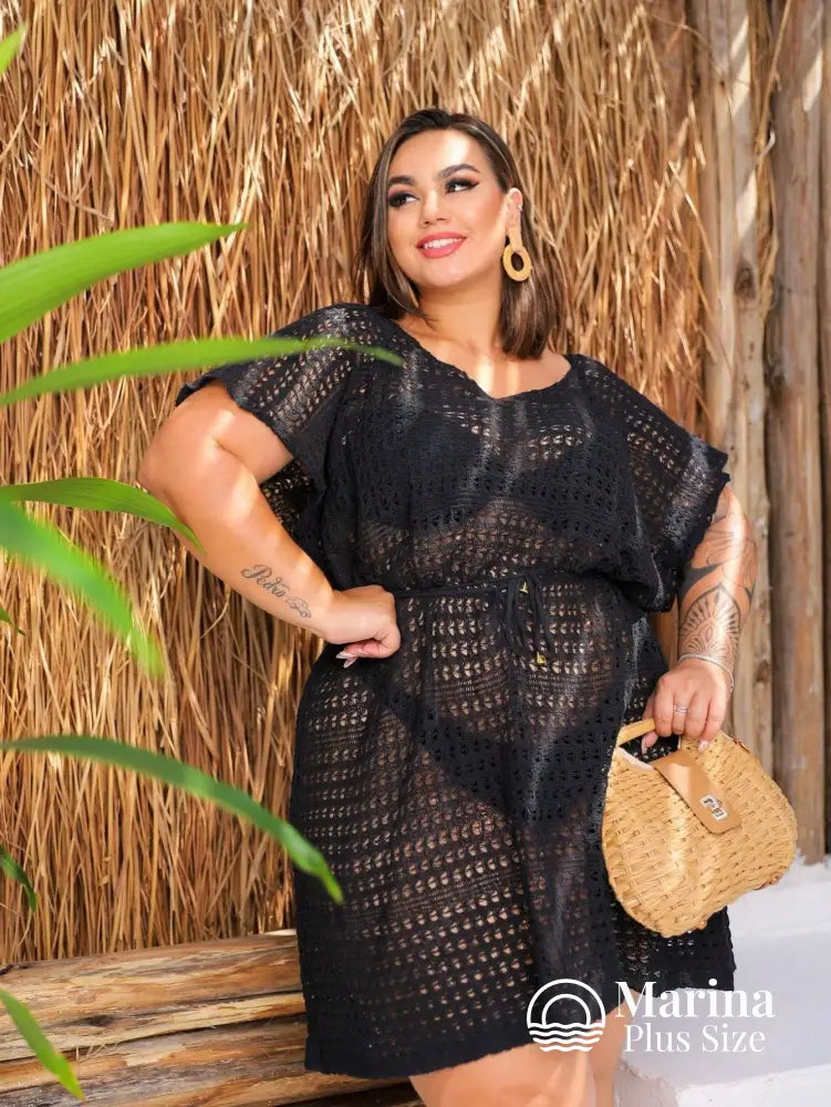 Saída De Praia Curta Crochê Caimento Leve Plus Size Preto / G Saída De Praia Curta Crochê Caimento Leve Plus Size