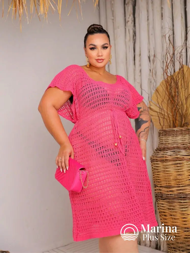 Saída De Praia Curta Crochê Caimento Leve Plus Size Rosa / G Saída De Praia Curta Crochê Caimento Leve Plus Size