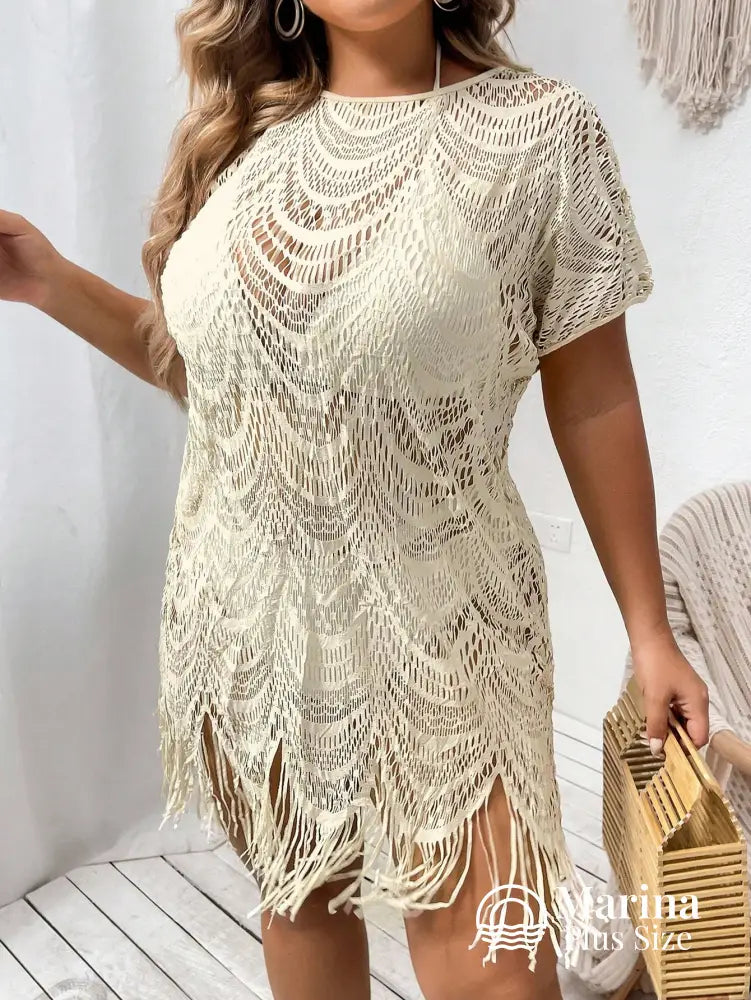 Saída De Praia Curta Crochê Franjas Delicadas Plus Size Saída De Praia Curta Crochê Franjas Delicadas Plus Size
