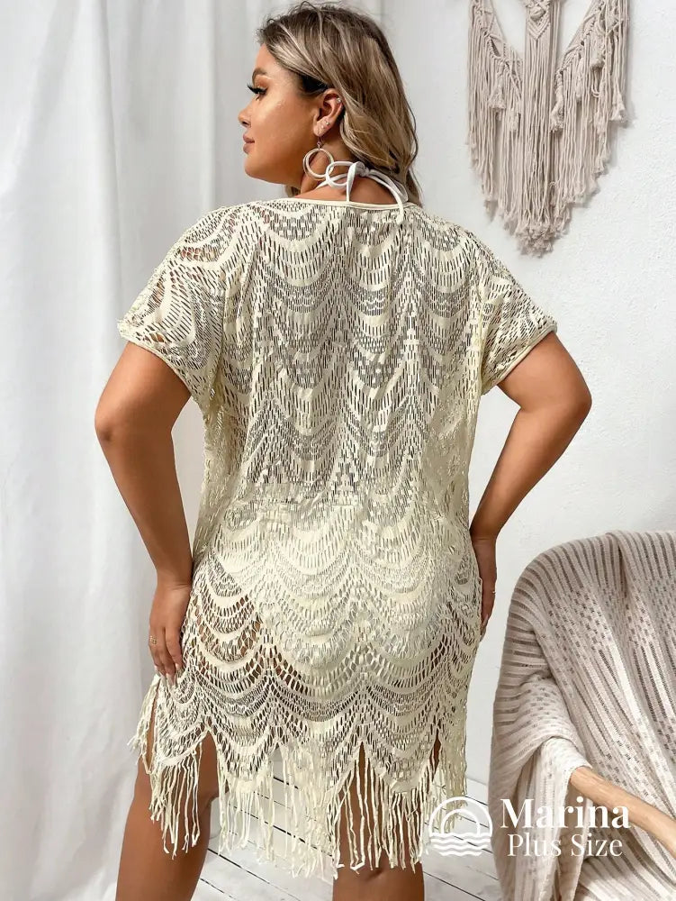 Saída De Praia Curta Crochê Franjas Delicadas Plus Size Saída De Praia Curta Crochê Franjas Delicadas Plus Size