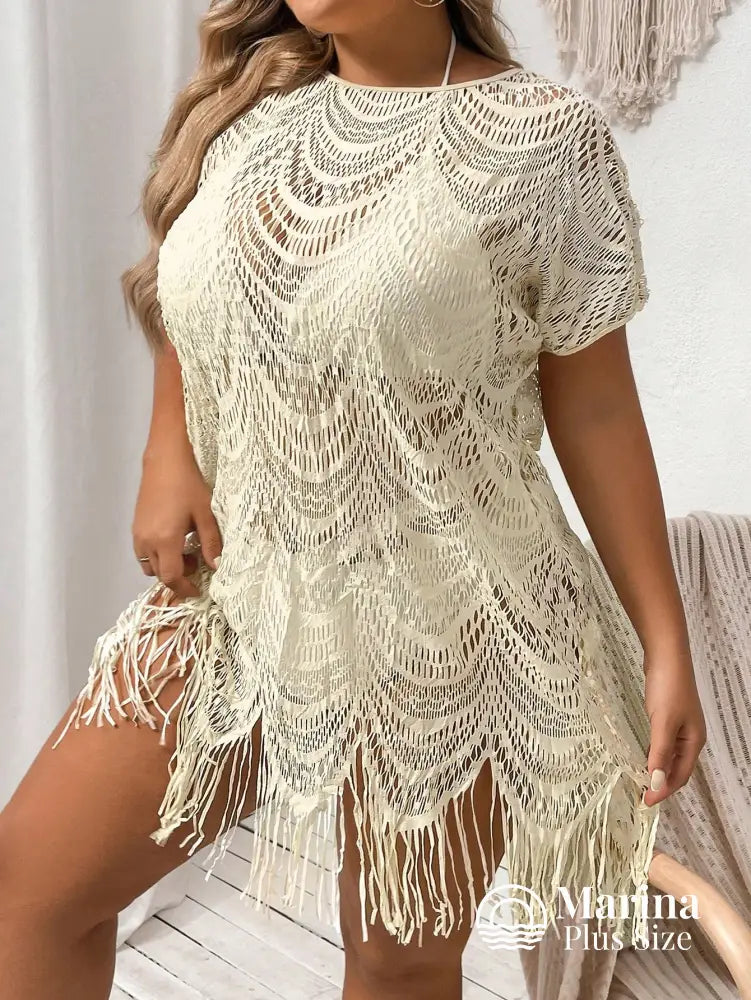 Saída De Praia Curta Crochê Franjas Delicadas Plus Size Bege / G Saída De Praia Curta Crochê Franjas Delicadas Plus Size