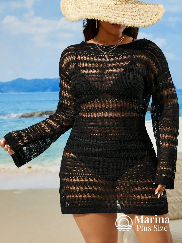 Saída De Praia Curta Crochê Mangas Longas Plus Size Saída De Praia Curta Crochê Mangas Longas Plus Size