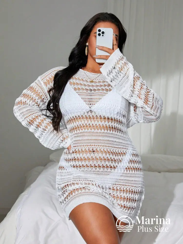 Saída De Praia Curta Crochê Mangas Longas Plus Size Saída De Praia Curta Crochê Mangas Longas Plus Size
