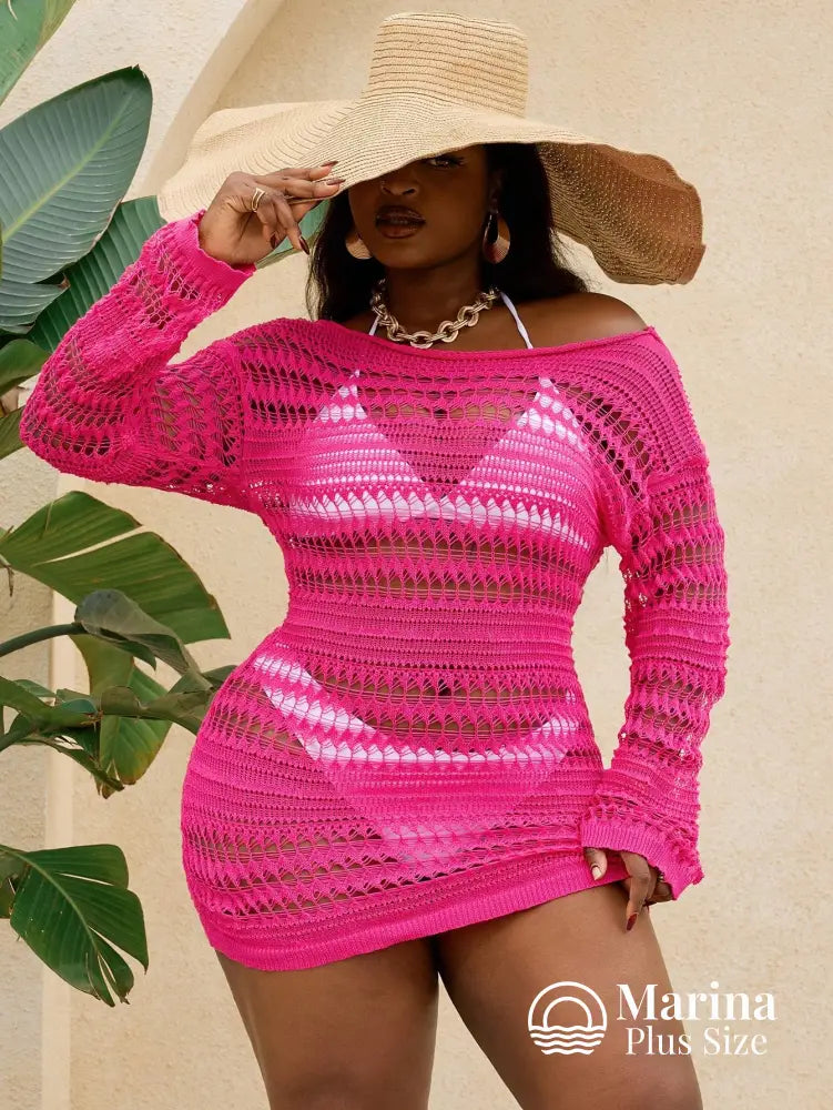 Saída De Praia Curta Crochê Mangas Longas Plus Size Rosa Choque / G Saída De Praia Curta Crochê Mangas Longas Plus Size