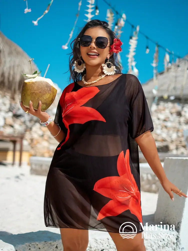 Saída De Praia Curta Transparente Estampa Floral Plus Size Saída De Praia Curta Transparente Estampa Floral Plus Size
