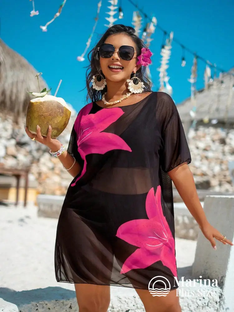 Saída De Praia Curta Transparente Estampa Floral Plus Size Saída De Praia Curta Transparente Estampa Floral Plus Size