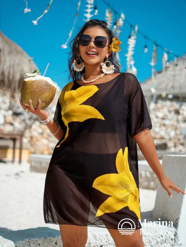 Saída De Praia Curta Transparente Estampa Floral Plus Size Saída De Praia Curta Transparente Estampa Floral Plus Size