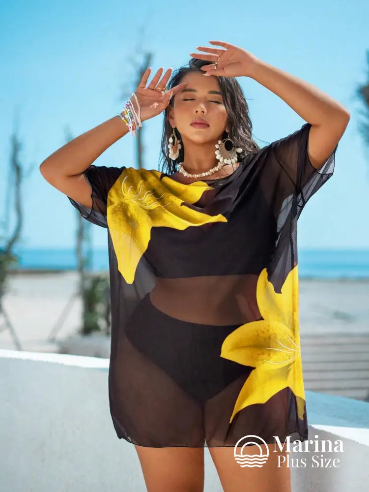 Saída De Praia Curta Transparente Estampa Floral Plus Size Amarela / G Saída De Praia Curta Transparente Estampa Floral
