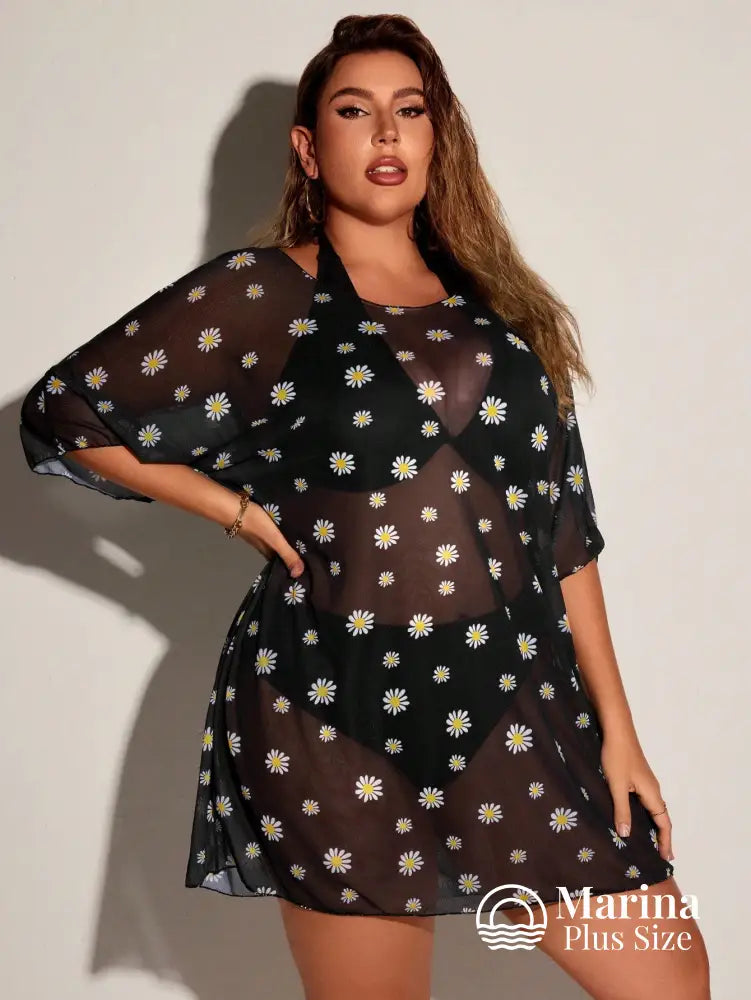Saída De Praia Curta Tule Estampa Margaridas Plus Size Saída De Praia Curta Tule Estampa Margaridas Plus Size