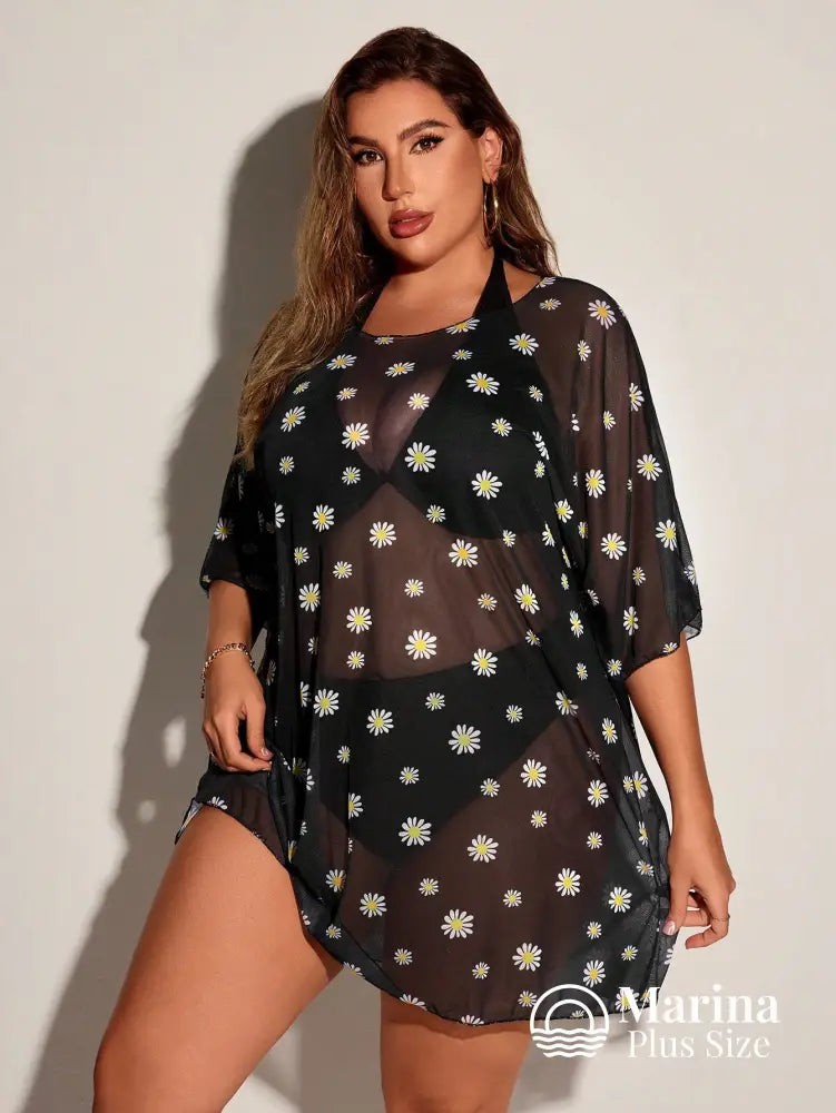 Saída De Praia Curta Tule Estampa Margaridas Plus Size Saída De Praia Curta Tule Estampa Margaridas Plus Size