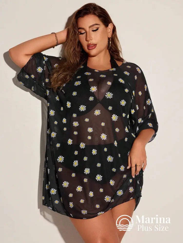 Saída De Praia Curta Tule Estampa Margaridas Plus Size Saída De Praia Curta Tule Estampa Margaridas Plus Size