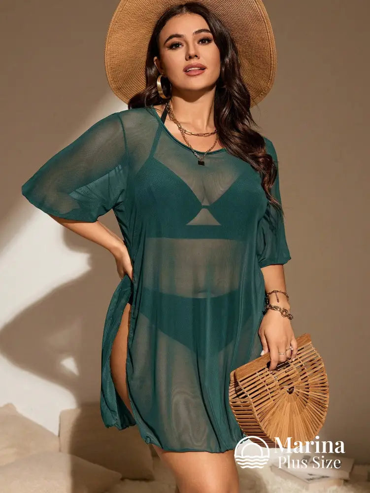 Saída De Praia Curta Tule Transparente Fendas Plus Size Saída De Praia Curta Tule Transparente Fendas Plus Size