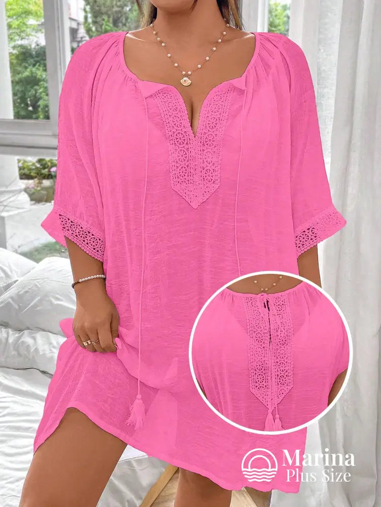Saída De Praia Curta Túnica Renda E Amarração Plus Size Saída De Praia Curta Túnica Renda E Amarração Plus Size