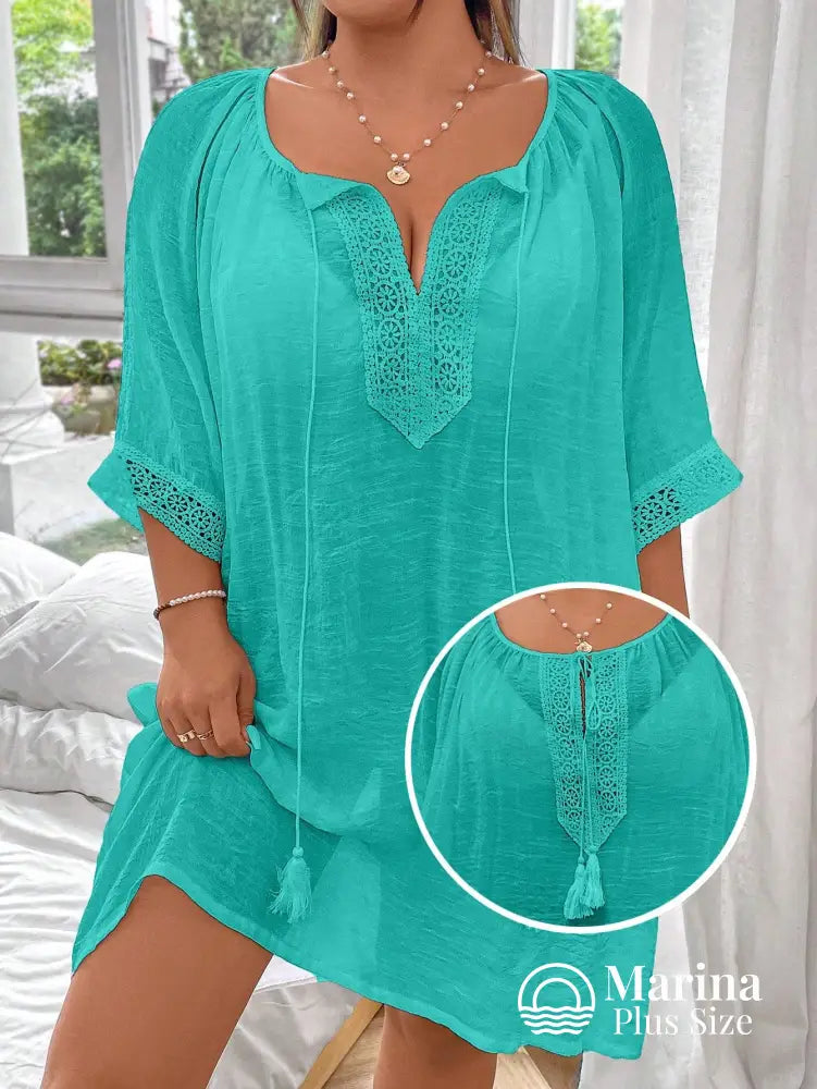 Saída De Praia Curta Túnica Renda E Amarração Plus Size Saída De Praia Curta Túnica Renda E Amarração Plus Size