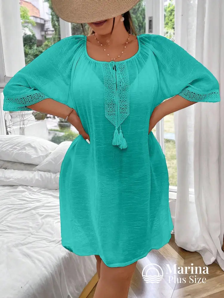 Saída De Praia Curta Túnica Renda E Amarração Plus Size Saída De Praia Curta Túnica Renda E Amarração Plus Size